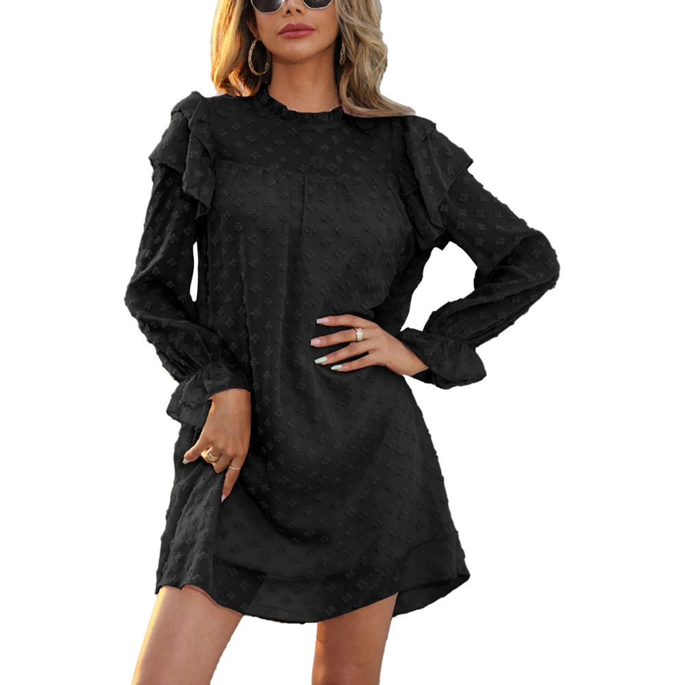 Women Fall Dress Long Lantern Sleeve Frill Trim Stand Collar Ruffle Trim Pure Color Dress for Female Lady Black S