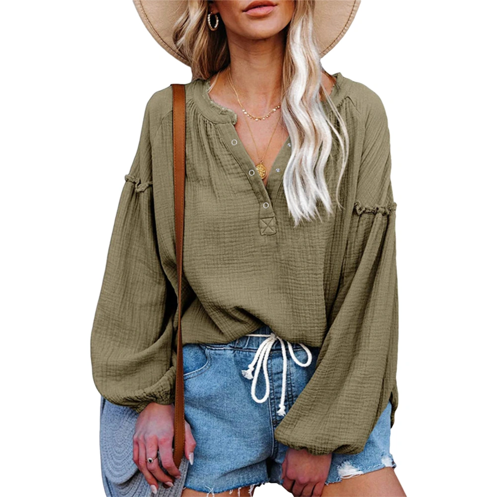 Women V Neck Balloon Sleeve Shirt Loose Casual Deep V Neck Single Breasted Lantern Long Sleeve Cotton Shirt Pullover Top Green M