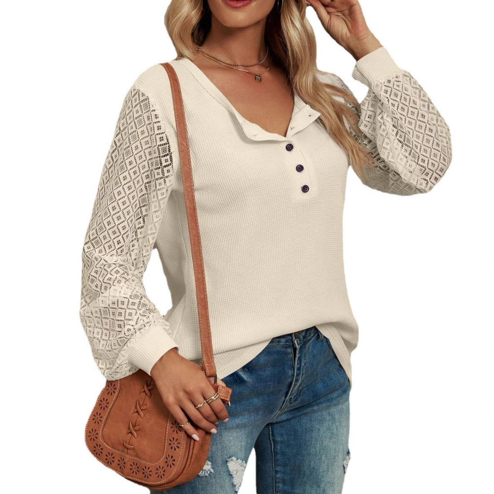 Women Lace Stitching Shirts Button Front Round Neck Shirts Comfortable Long Sleeves Pullover Apricot L