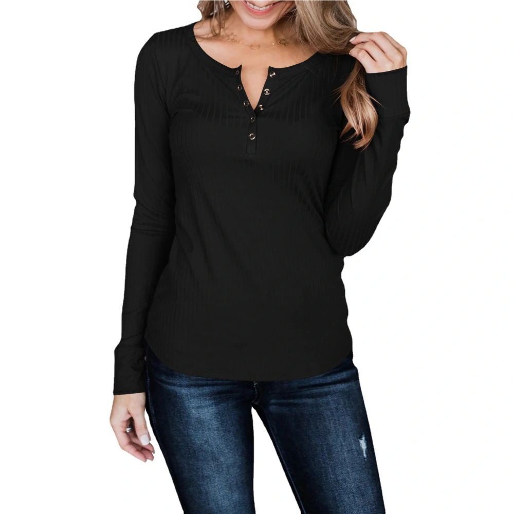 Women Pullover Shirt Long Sleeve Pure Color Casual Slim Button Front Rib Knit Fall Tunic for Autumn Spring Black S