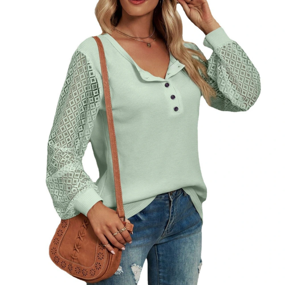 Women Lace Stitching Shirts Button Front Round Neck Shirts Comfortable Long Sleeves Pullover Pea Green S