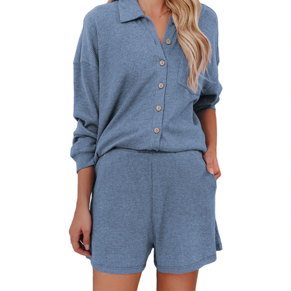 Pajamas Set Pure Color Loungewear Set Lapel Collar Shirts Shorts Set Ribbed Long Sleeve Shorts Suit Dark Blue M