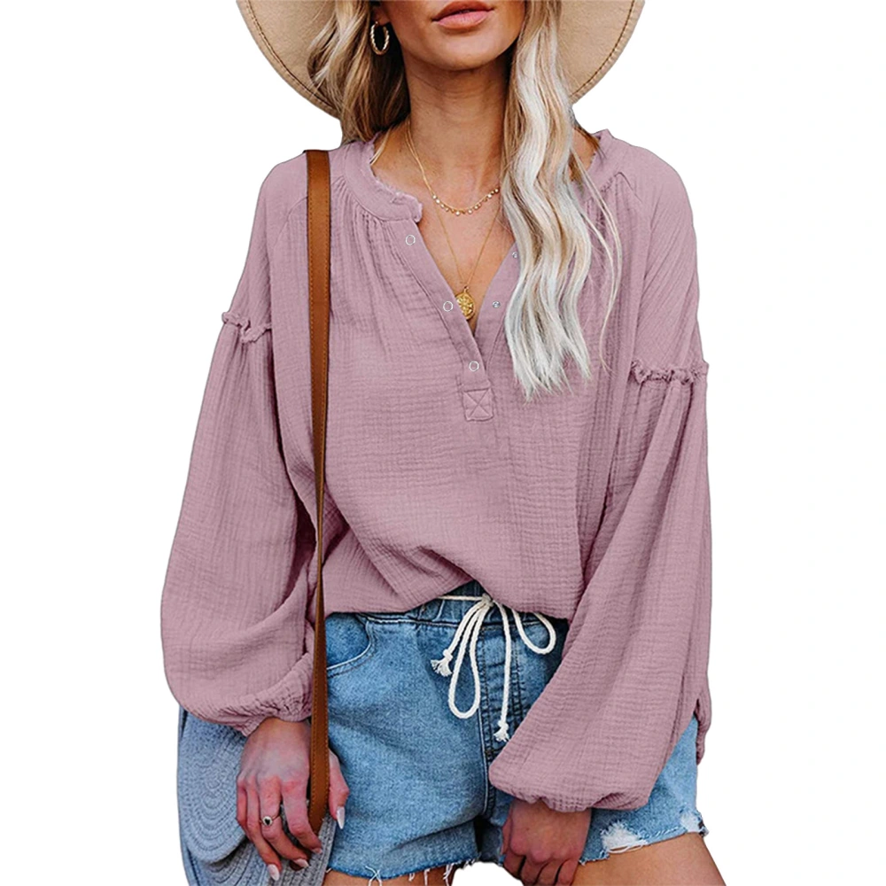 Women V Neck Balloon Sleeve Shirt Loose Casual Deep V Neck Single Breasted Lantern Long Sleeve Cotton Shirt Pullover Top Purple XL