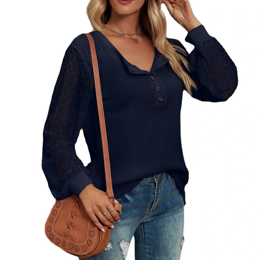 Women Lace Stitching Shirts Button Front Round Neck Shirts Comfortable Long Sleeves Pullover Navy Blue XL