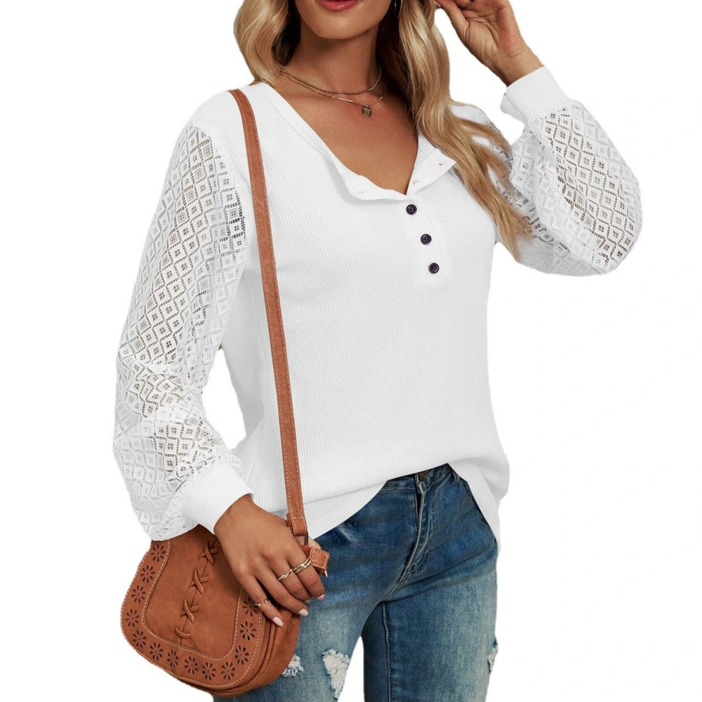 Women Lace Stitching Shirts Button Front Round Neck Shirts Comfortable Long Sleeves Pullover White XL