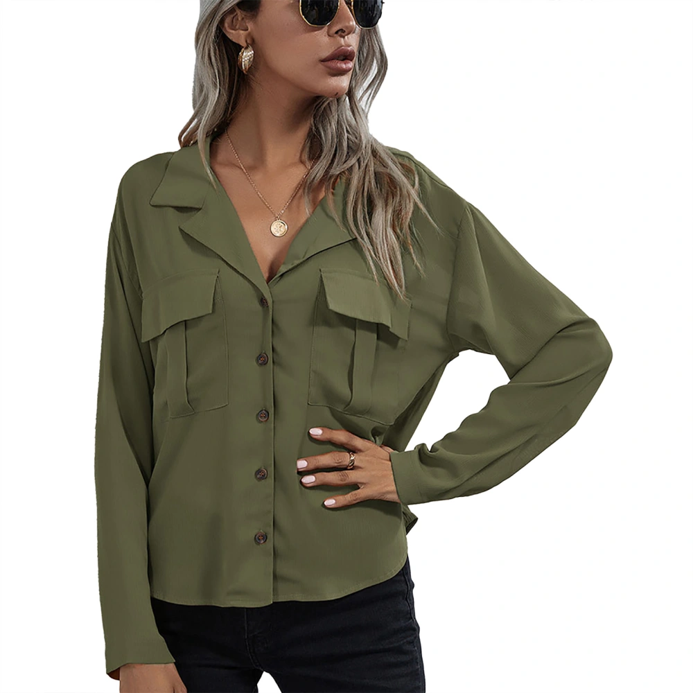 Women Drop Shoulder Shirts Turn Down Collar Shirts V Neck Shirts Single Breasted Long Sleeves Shirts OD Green XL