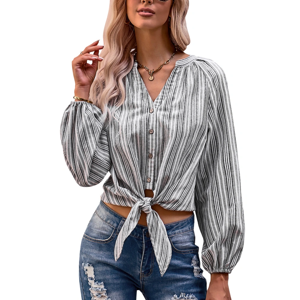 Women Striped Shirt V Neck Vertical Stripe Knotted Hem Polyester Fiber Tie Front Crop Top for Women Party Outdoor Black and White L