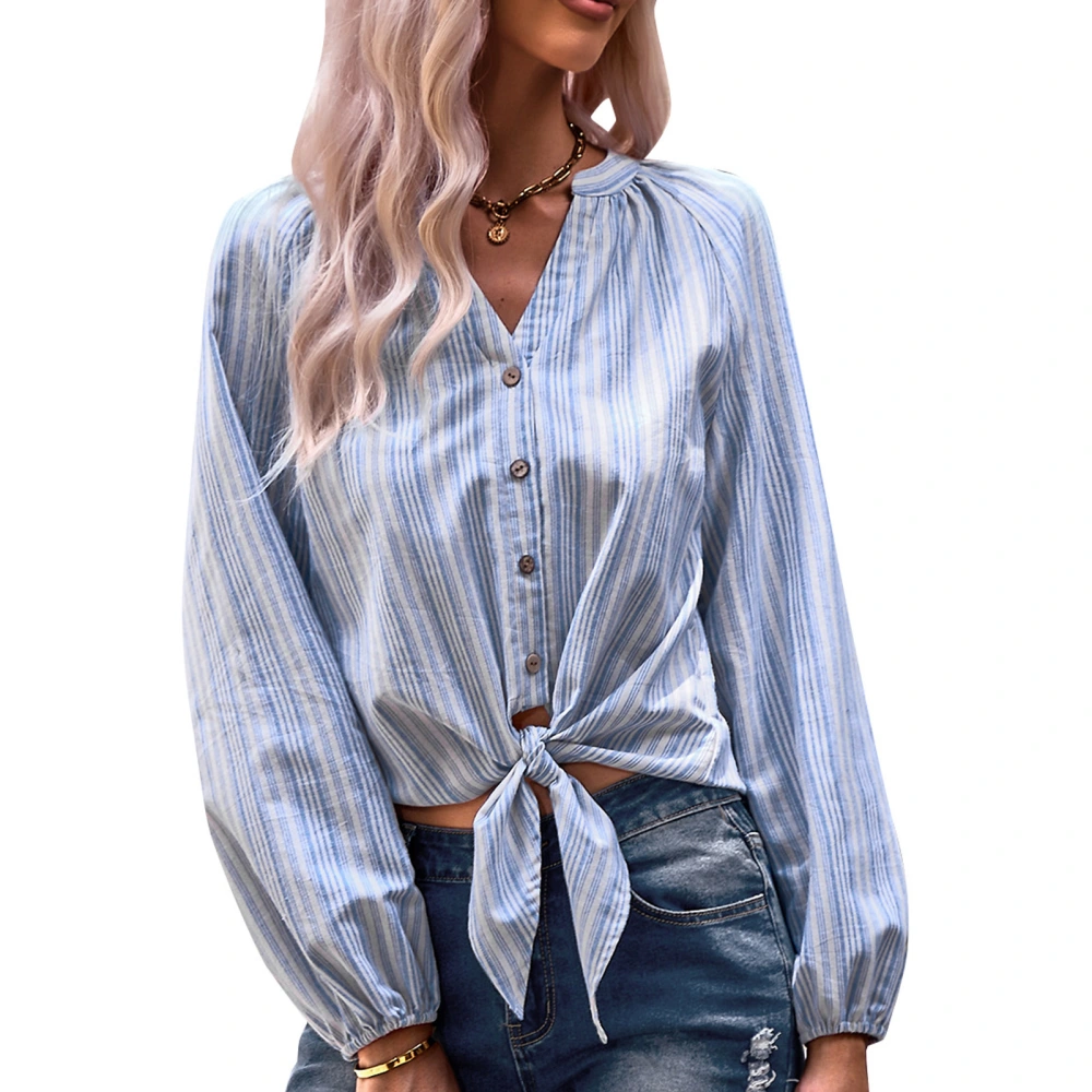 Women Striped Shirt V Neck Vertical Stripe Knotted Hem Polyester Fiber Tie Front Crop Top for Women Party Outdoor Blue XL