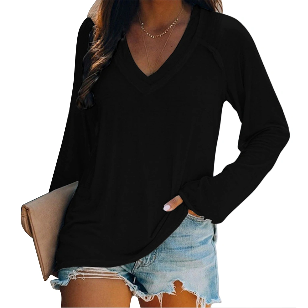 Women Casual V Neck Long Sleeve Top Splicing Women Long Sleeve T Shirt for Women Girls Black S