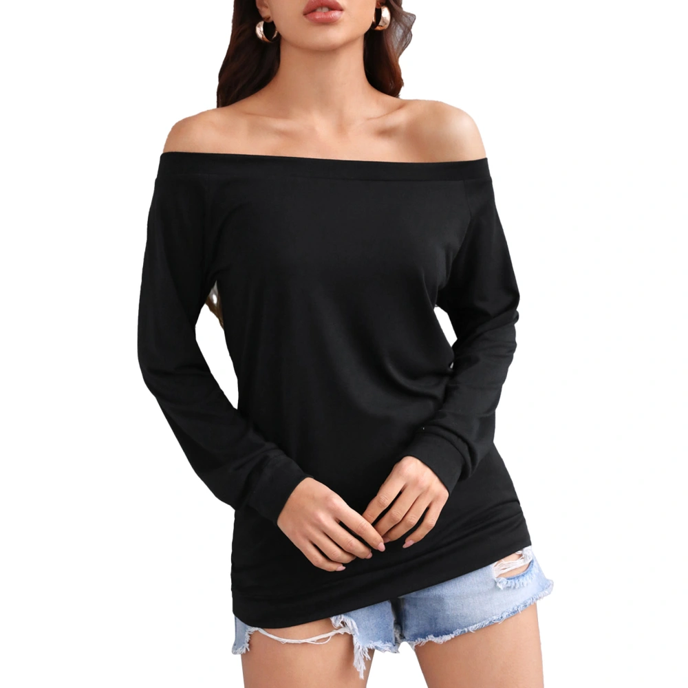 Blouse Off Shoulder Long Sleeve Pure Color One Line Collar Casual Fashionable Tops for Women Black L