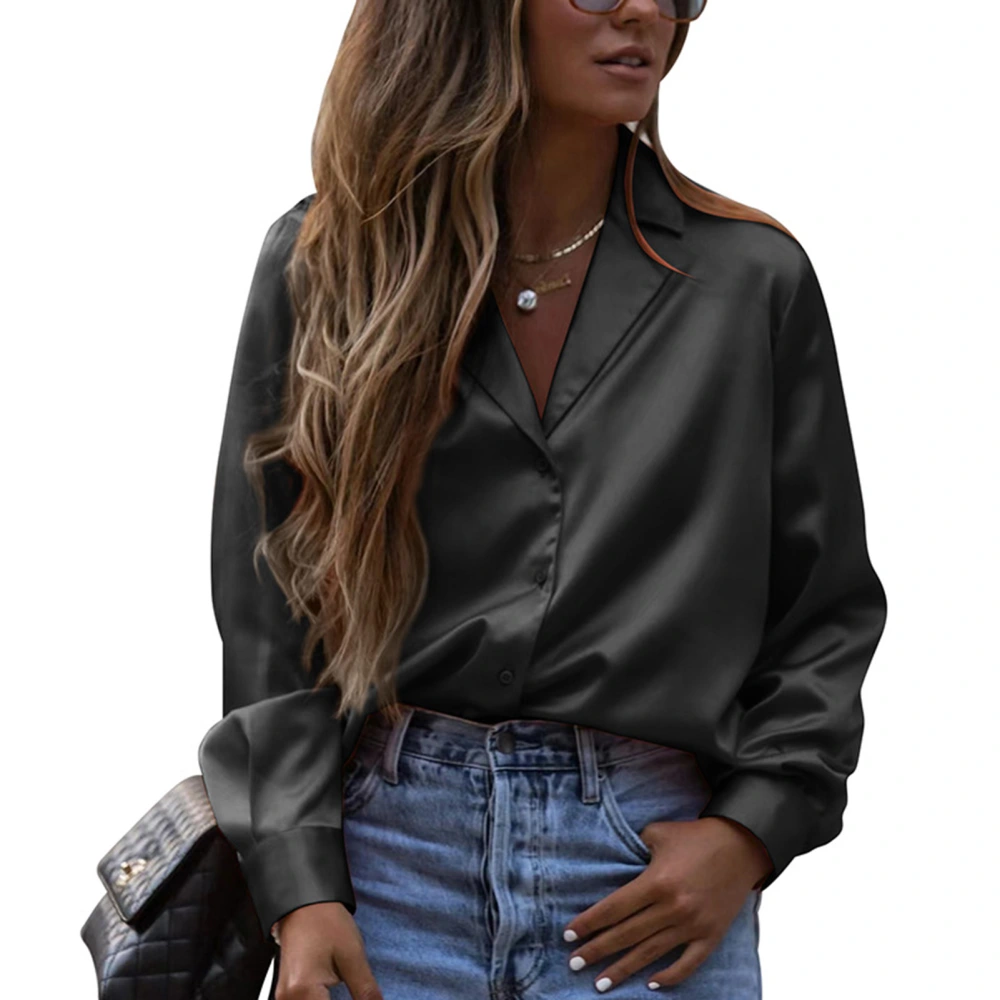 Women Lapel Collar Shirts Pure Color Single Breasted Blouse Long Sleeves Irregular Hem Shirts Black L