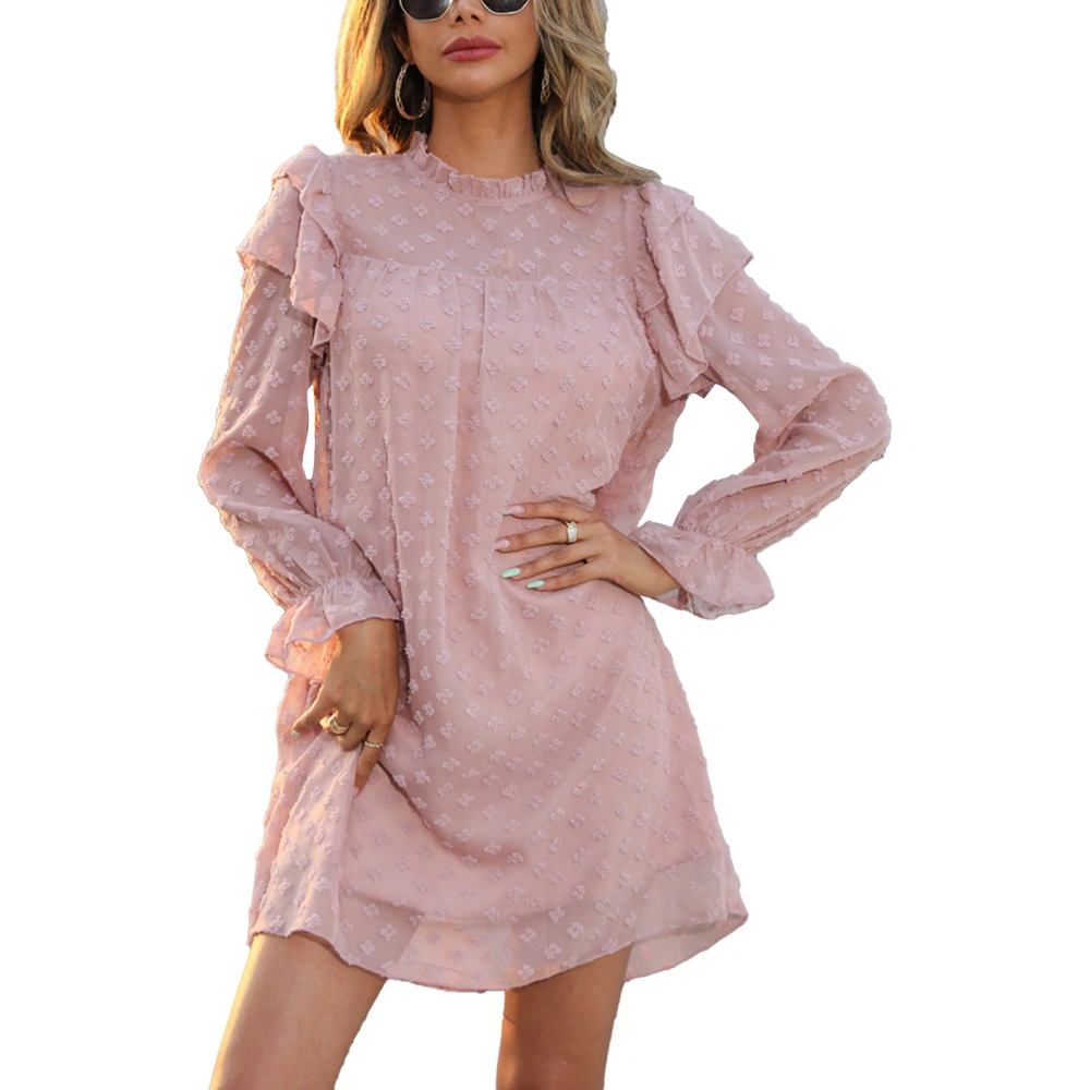 Women Fall Dress Long Lantern Sleeve Frill Trim Stand Collar Ruffle Trim Pure Color Dress for Female Lady Pink S