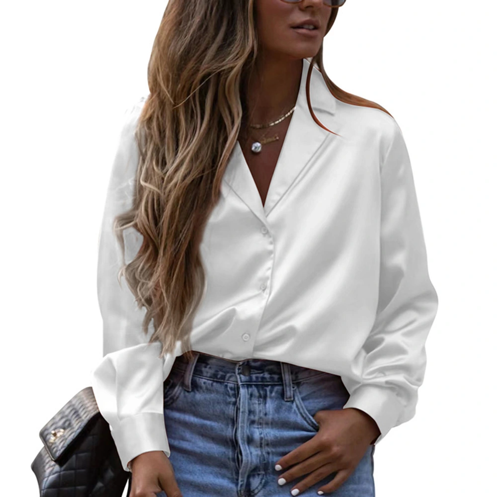 Women Lapel Collar Shirts Pure Color Single Breasted Blouse Long Sleeves Irregular Hem Shirts White L