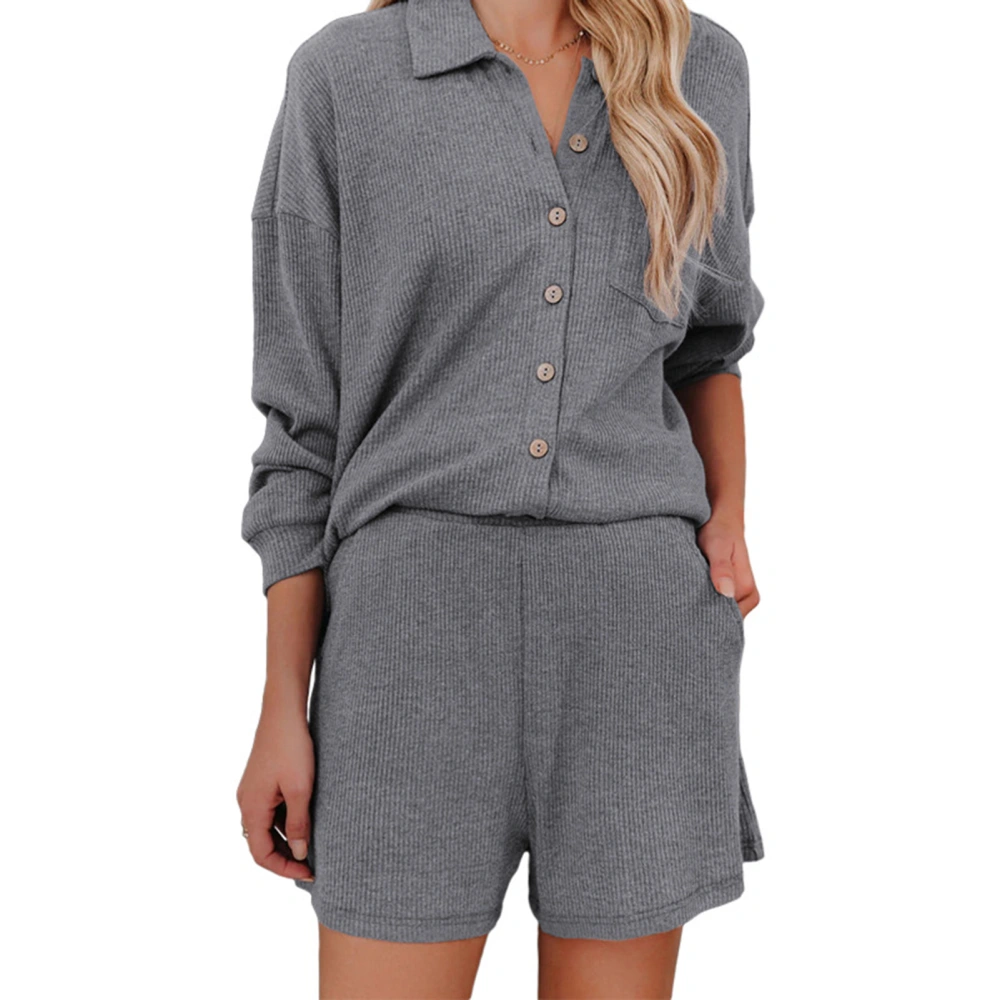 Pajamas Set Pure Color Loungewear Set Lapel Collar Shirts Shorts Set Ribbed Long Sleeve Shorts Suit Grey M