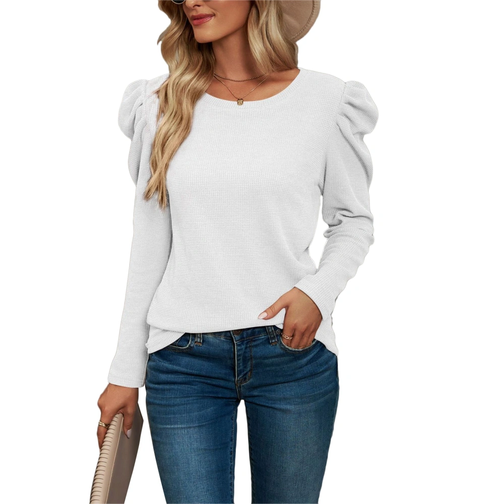 Women Puff Sleeve Shirts Pure Color Round Neck Waffle Knit Top Elegant Casual Long Sleeves T Shirt White XL