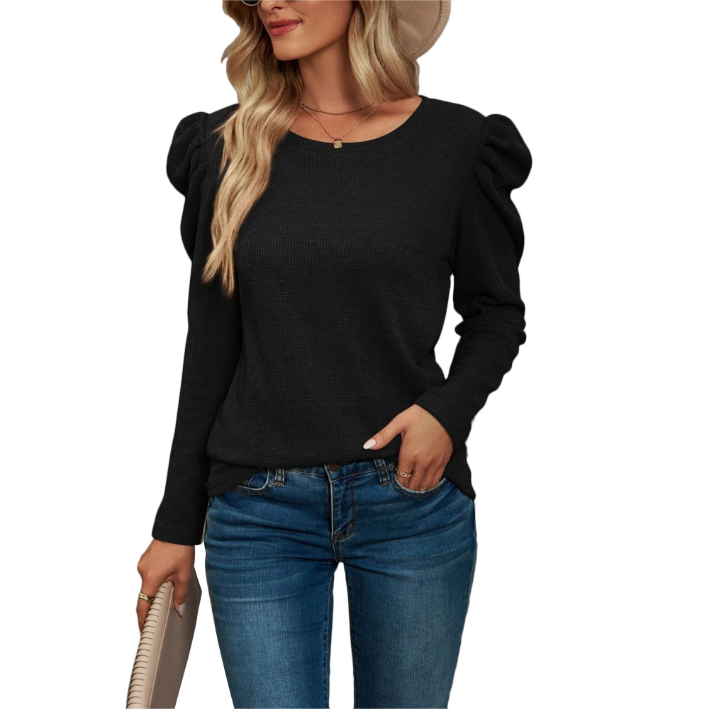 Women Puff Sleeve Shirts Pure Color Round Neck Waffle Knit Top Elegant Casual Long Sleeves T Shirt Black M