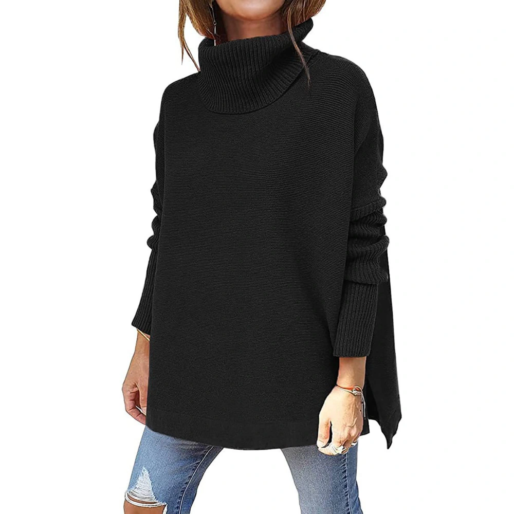 Oversized Turtleneck Sweater Women Batwing Sleeve Loose Breathable Polyester Pullover Sweater for Daily Shopping Black L