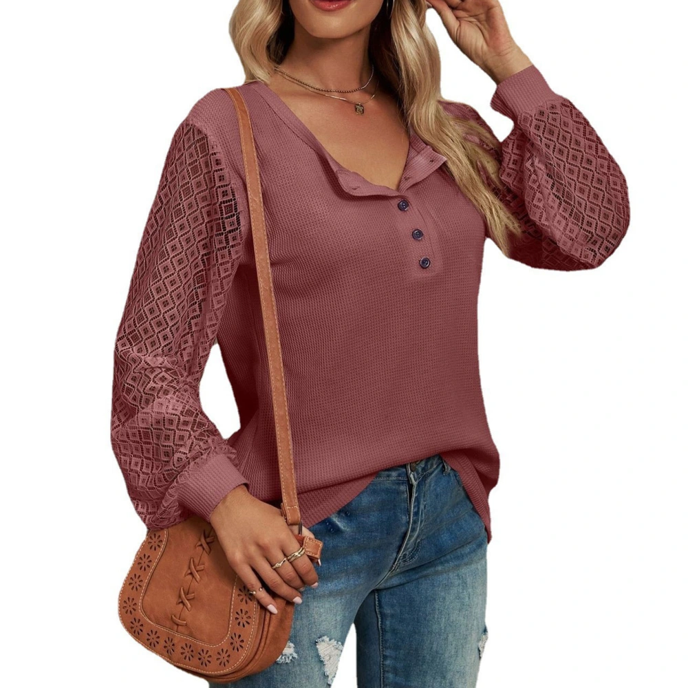 Women Lace Stitching Shirts Button Front Round Neck Shirts Comfortable Long Sleeves Pullover Brownish Red S