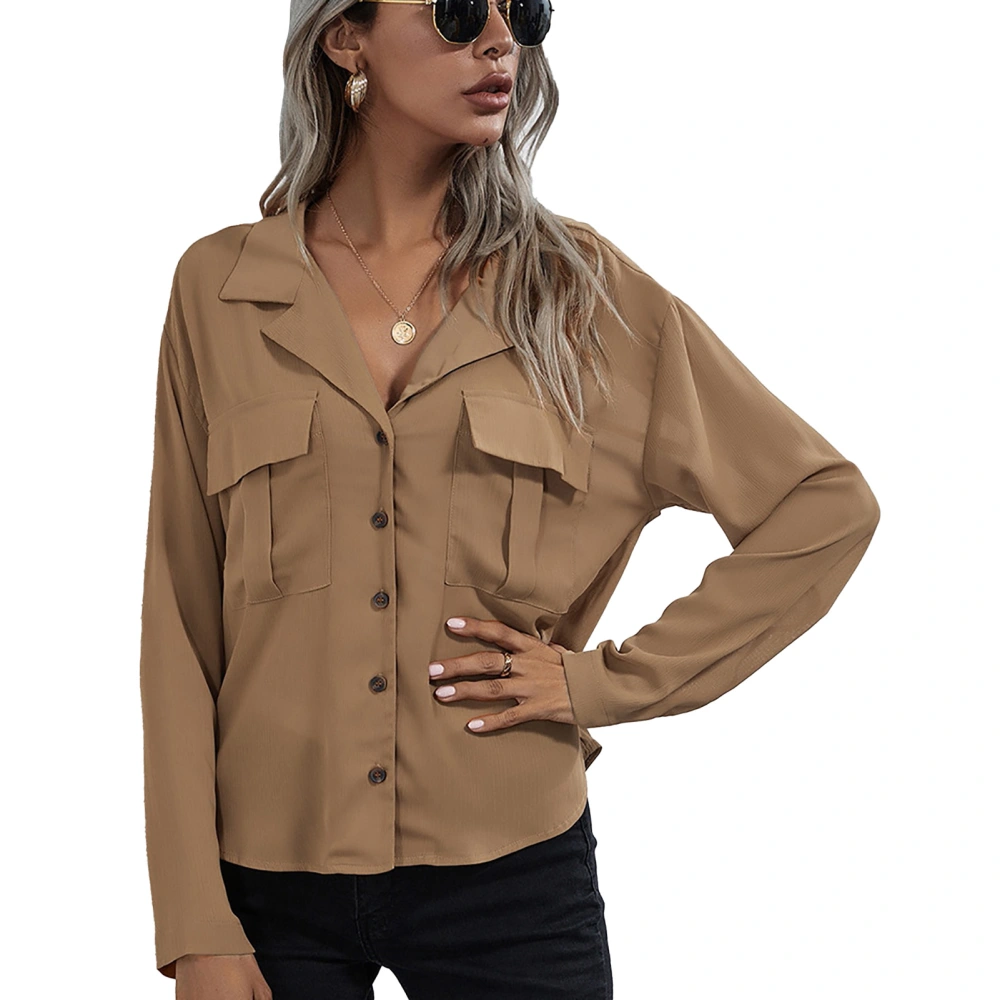 Women Drop Shoulder Shirts Turn Down Collar Shirts V Neck Shirts Single Breasted Long Sleeves Shirts Khaki XL