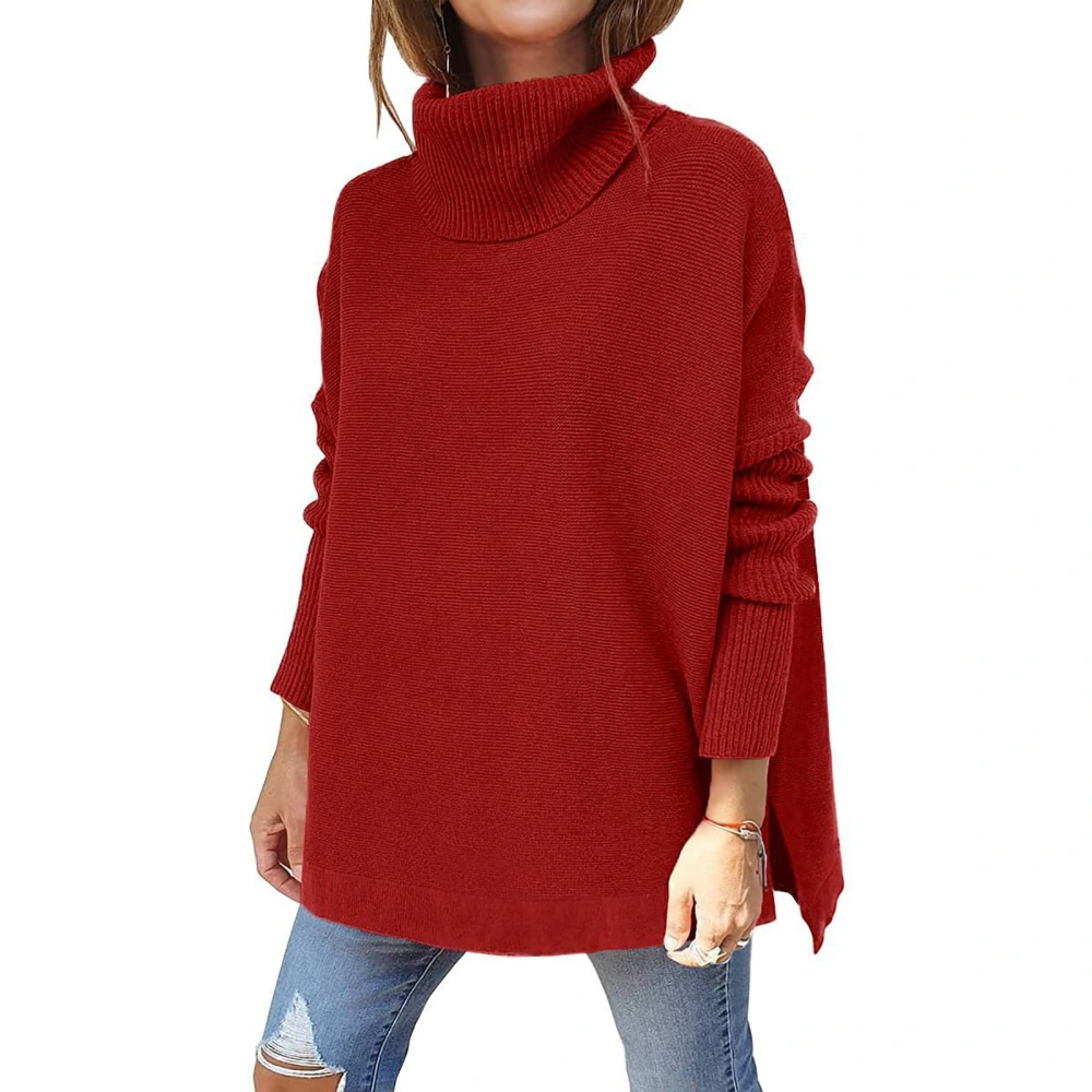 Oversized Turtleneck Sweater Women Batwing Sleeve Loose Breathable Polyester Pullover Sweater for Daily Shopping Wine Red S