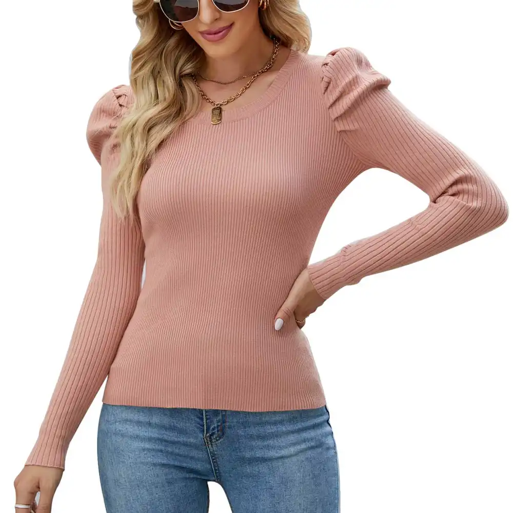 Knitted Sweater Puff Long Sleeve Round Neck Pullover Ruffle Elastic Tops for Women Khaki S