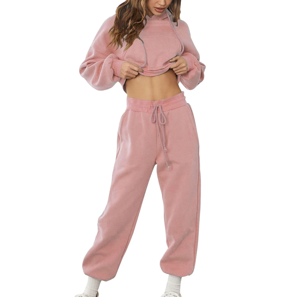 2 Pcs Women Sweatsuit Hooded Long Trousers Sleeve Pullover Pure Color with Pocket Casual Loose Fit Pink XL