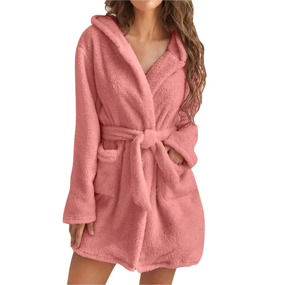 Long Sleeve Plush Cardigan Lapel Hood Pocket Design Waist Tie Stylish Comfortable Women Plush Sweater Coat Pink S