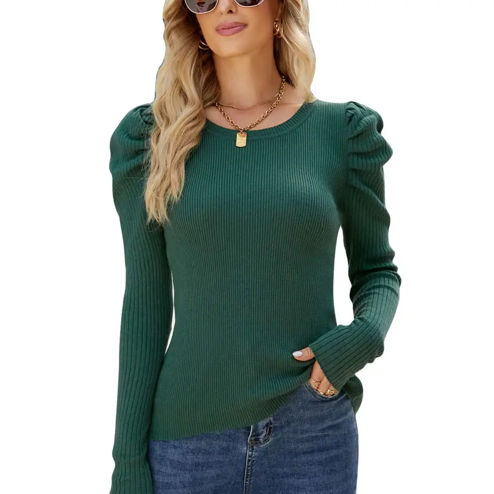 Knitted Sweater Puff Long Sleeve Round Neck Pullover Ruffle Elastic Tops for Women Green L