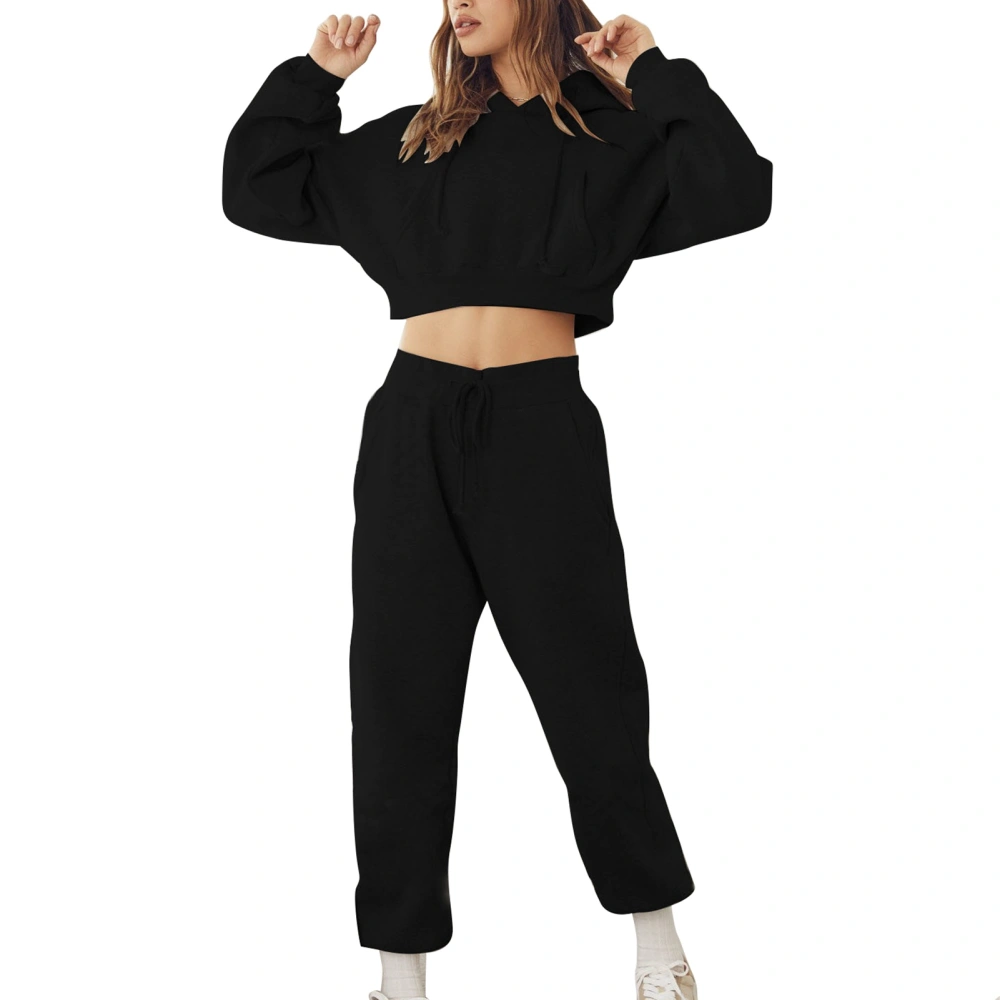 2 Pcs Women Sweatsuit Hooded Long Trousers Sleeve Pullover Pure Color with Pocket Casual Loose Fit Black L