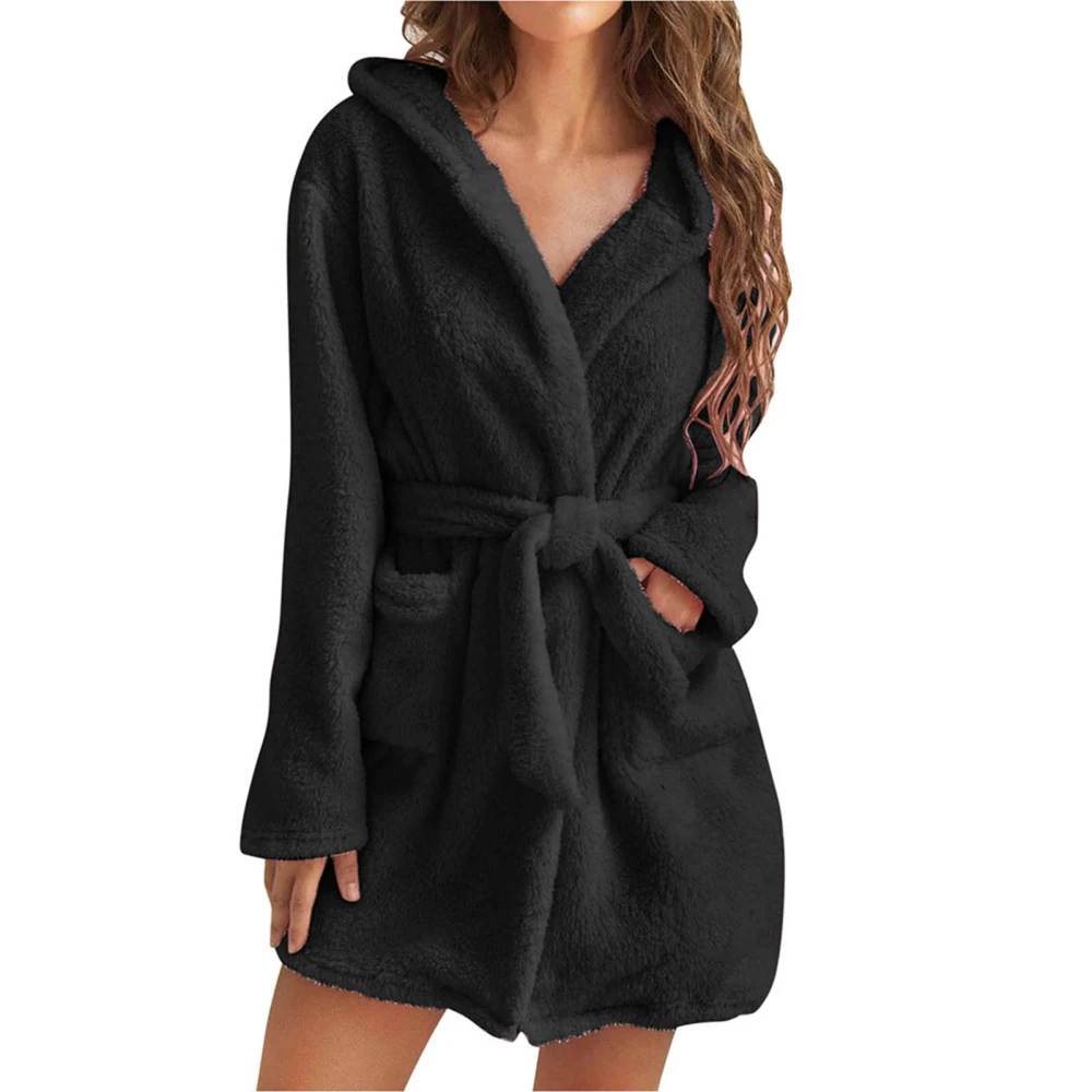 Long Sleeve Plush Cardigan Lapel Hood Pocket Design Waist Tie Stylish Comfortable Women Plush Sweater Coat Black L