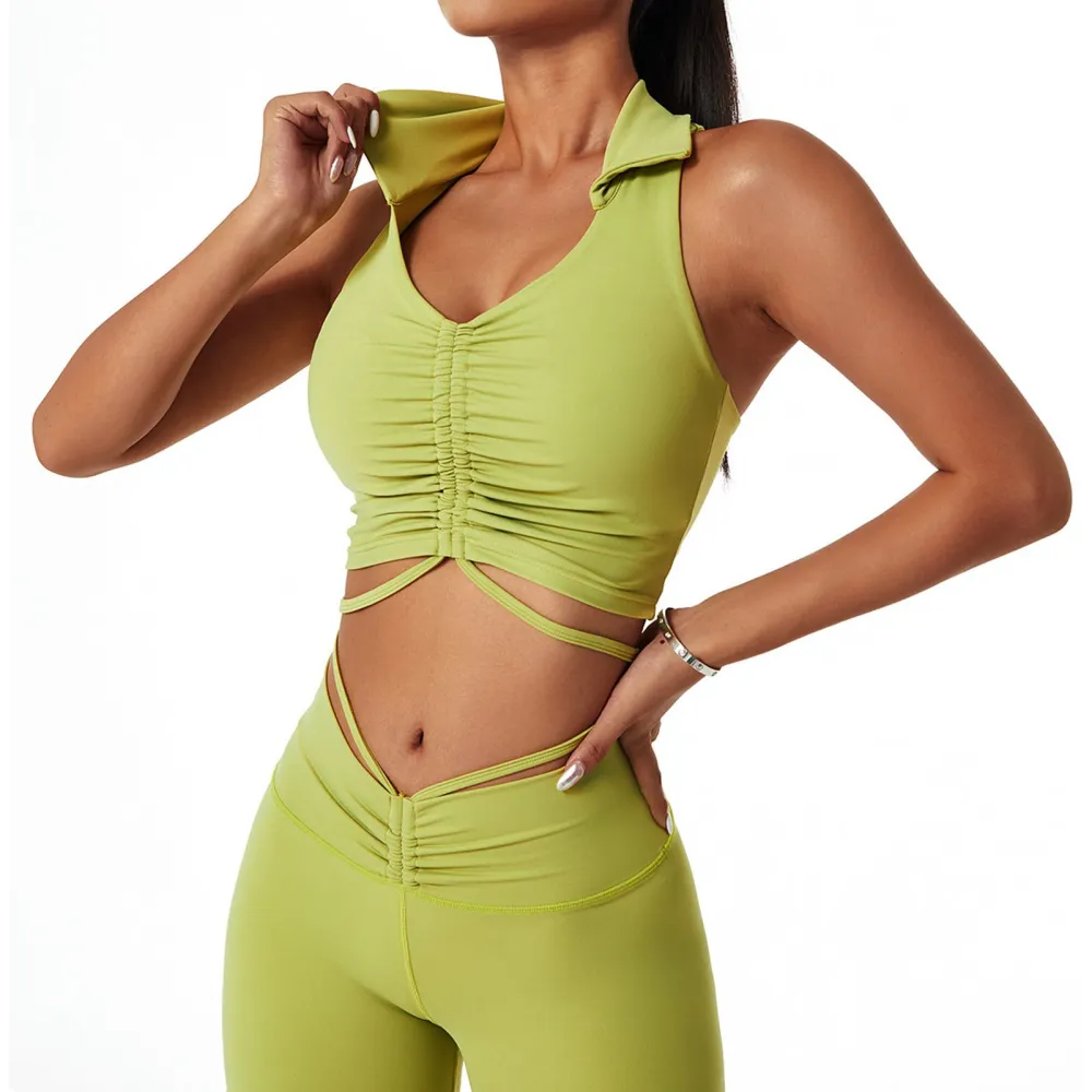 Women Sports Bra Tunic Lapel Yoga Bra Beauty Back Shockproof Fitness Workout Bra Green XL