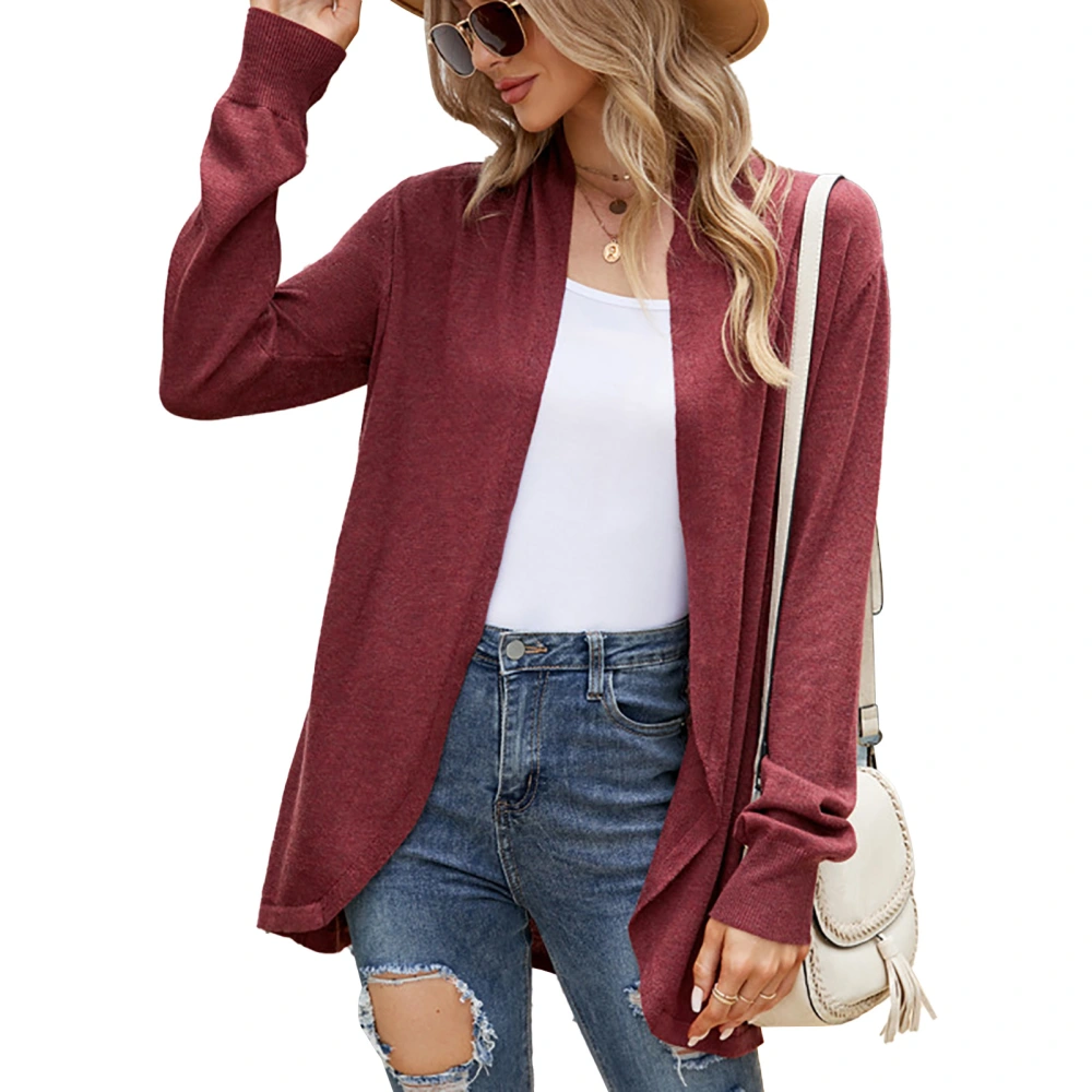 Womens Cardigan Mid Length Loose Comfortable Knitted Pure Color Cuffed Long Sleeves Open Front Cardigan for Daily Life Wine Red S