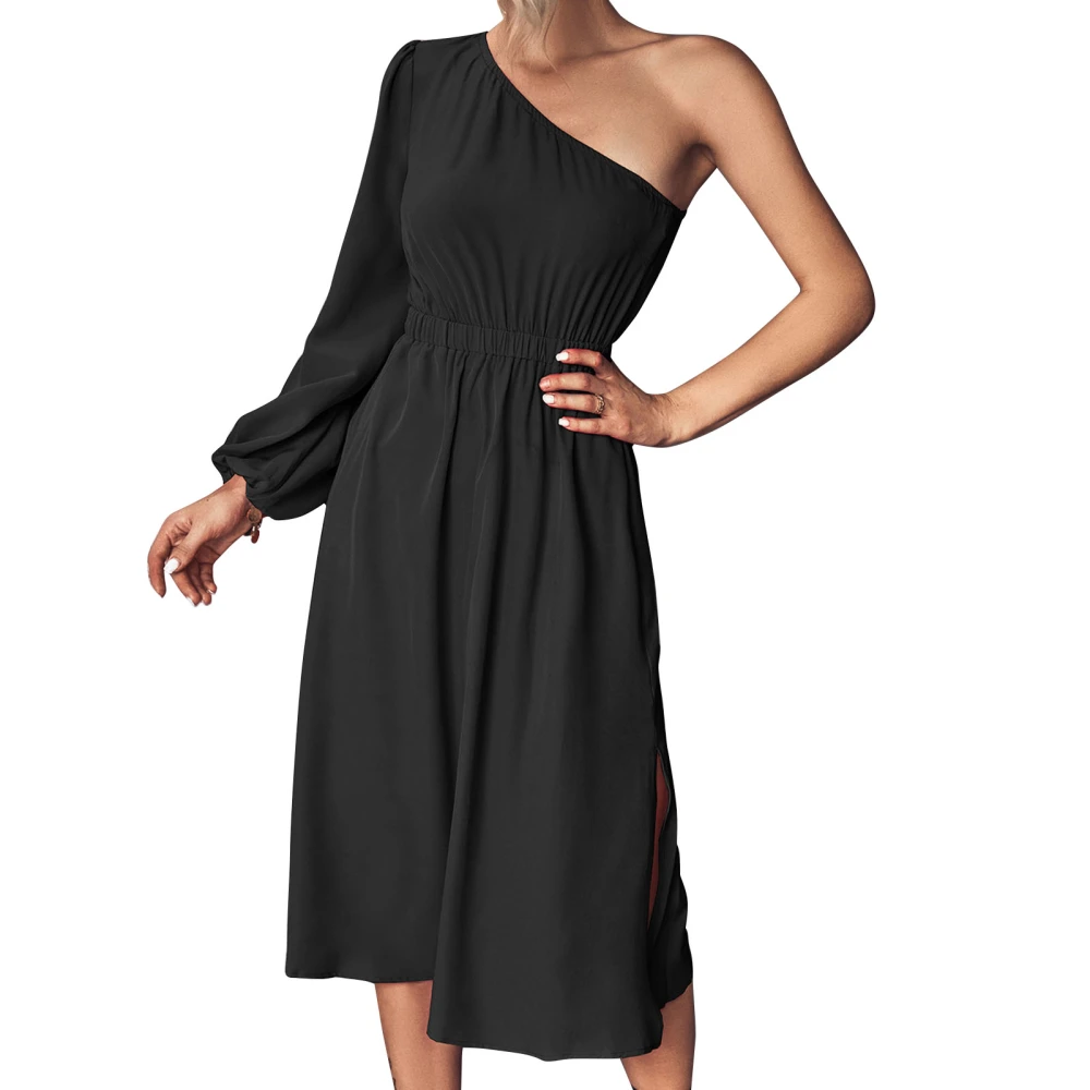 Midi Length Dress One Shoulder Pure Color Long Sleeves High Waist A Line Casual Fit Dress Black XL