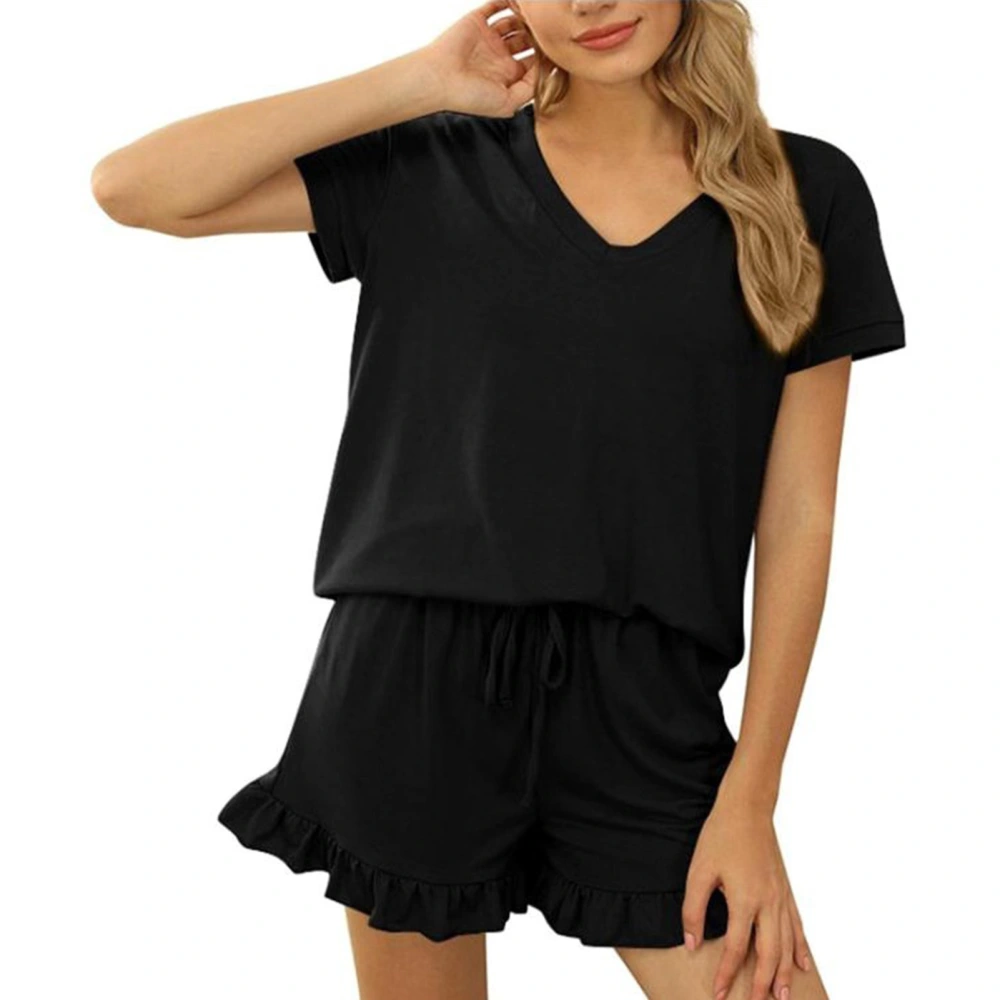 Womens Pajamas Set 2 Piece Pure Color V Neck Short Sleeve Tops Drawstring Shorts Sleepwear Loungewear Black 2XL