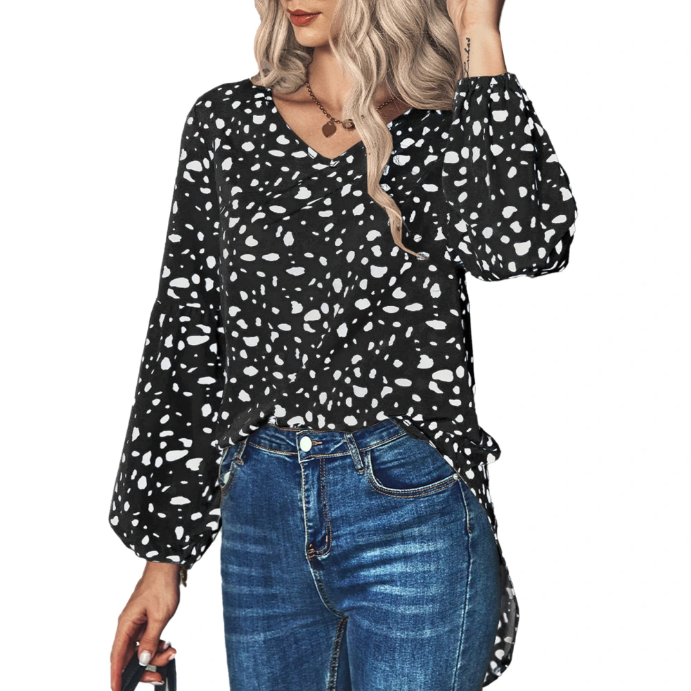 Women Shirt Irregular Hem V Neck Long Sleeve Soft Polyester Polka Dots Print Pullover Autumn Winter Women Blouse Top Black L