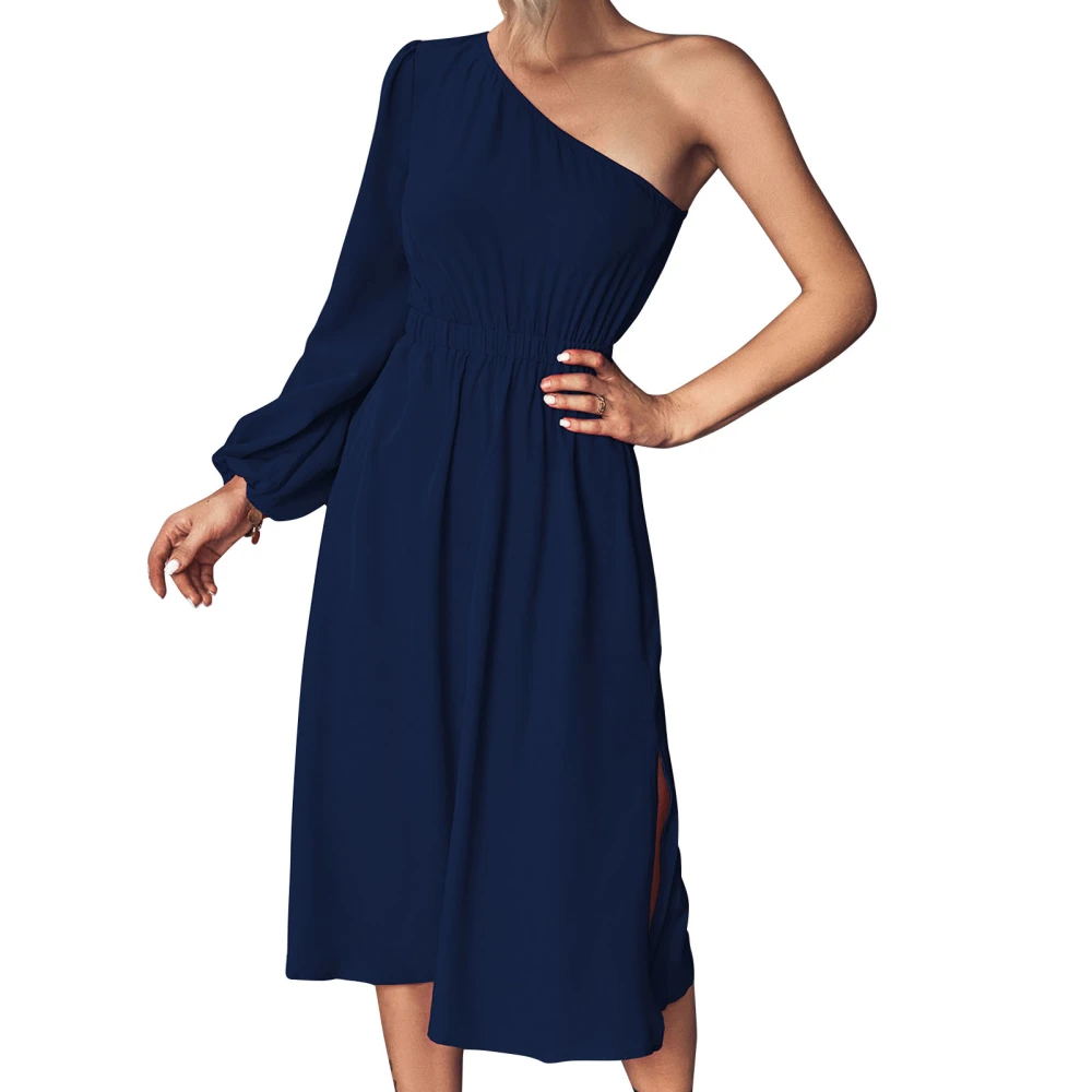 Midi Length Dress One Shoulder Pure Color Long Sleeves High Waist A Line Casual Fit Dress Purplish Blue M