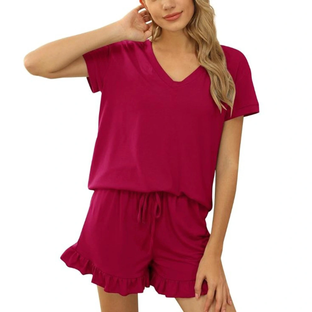 Womens Pajamas Set 2 Piece Pure Color V Neck Short Sleeve Tops Drawstring Shorts Sleepwear Loungewear Red M