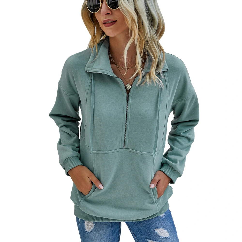 Zip Collar Long Sleeve Pullover Ribbed Cuffs Hem Large Pocket Design Stylish Casual Pullover Sweatshirt for Women Gray Green L