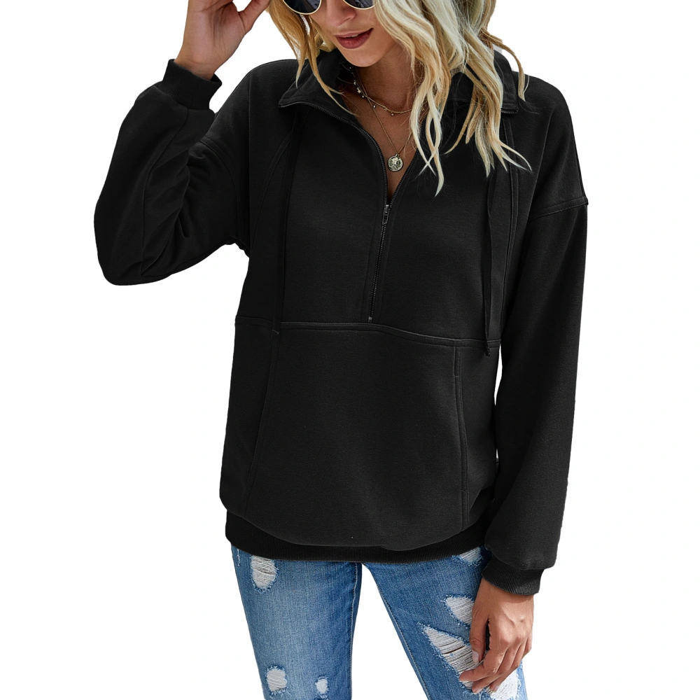 Zip Collar Long Sleeve Pullover Ribbed Cuffs Hem Large Pocket Design Stylish Casual Pullover Sweatshirt for Women Black L