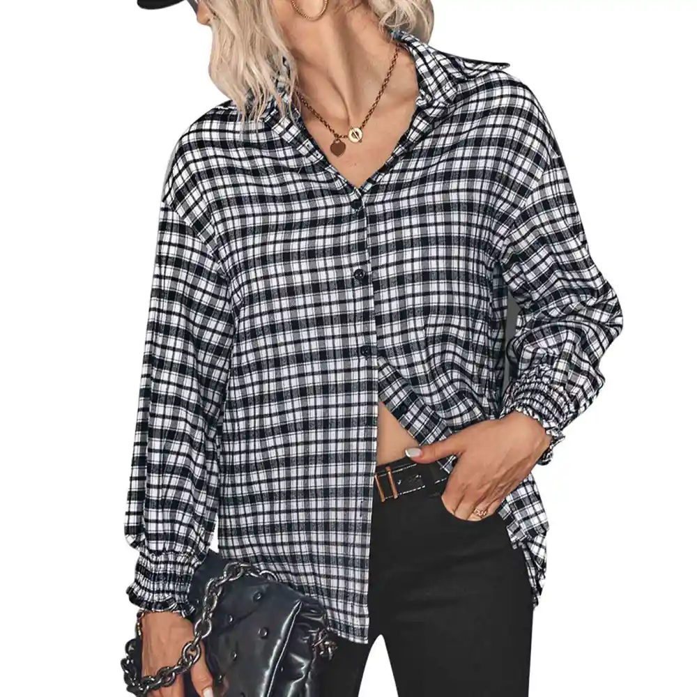 Women Plaid Shirt Turn Down Collar Long Puff Sleeve Printing Lady Casual Fit Shirt Black XL