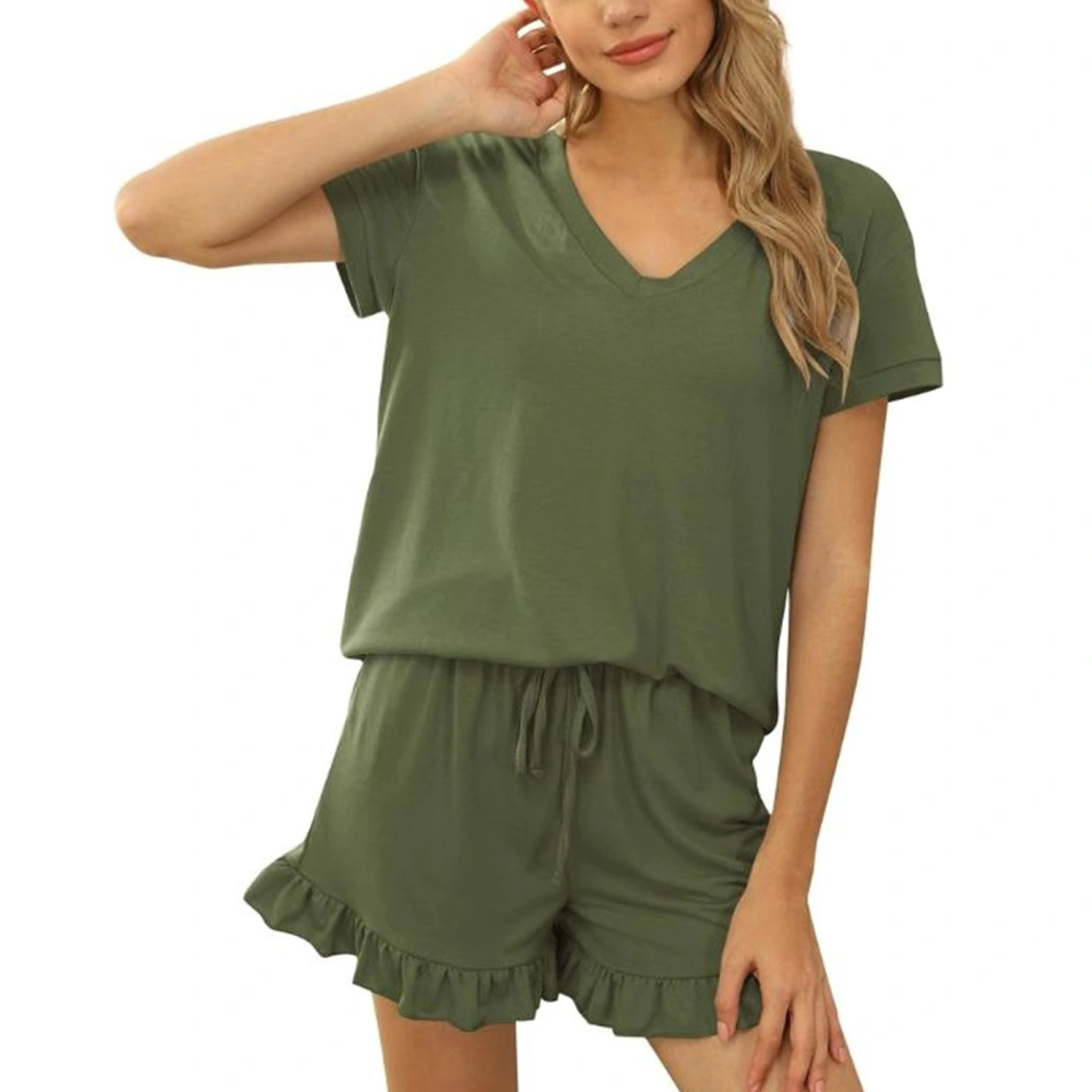 Womens Pajamas Set 2 Piece Pure Color V Neck Short Sleeve Tops Drawstring Shorts Sleepwear Loungewear OD Green XL