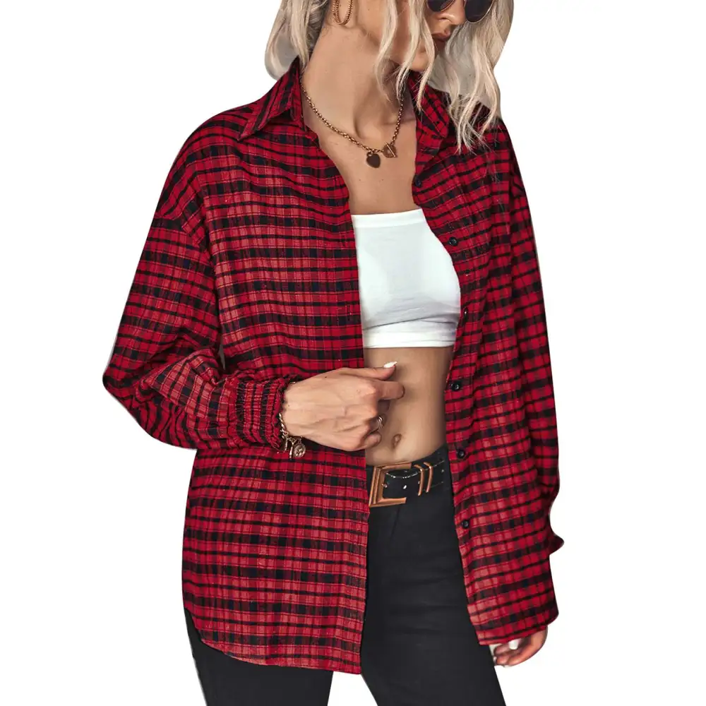 Women Plaid Shirt Turn Down Collar Long Puff Sleeve Printing Lady Casual Fit Shirt Red XL