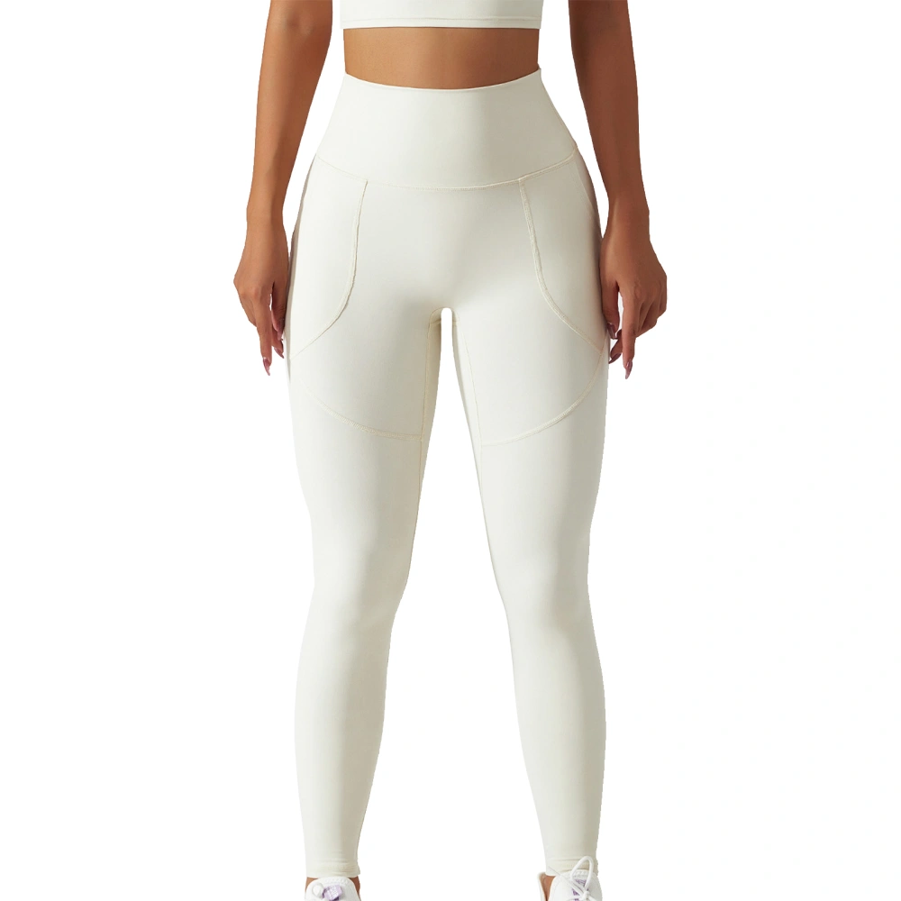 High Waist Yoga Pants Women Stretch Tummy Control Hip Lift Workout Leggings with Pocket for Cycling Running Cream Color L