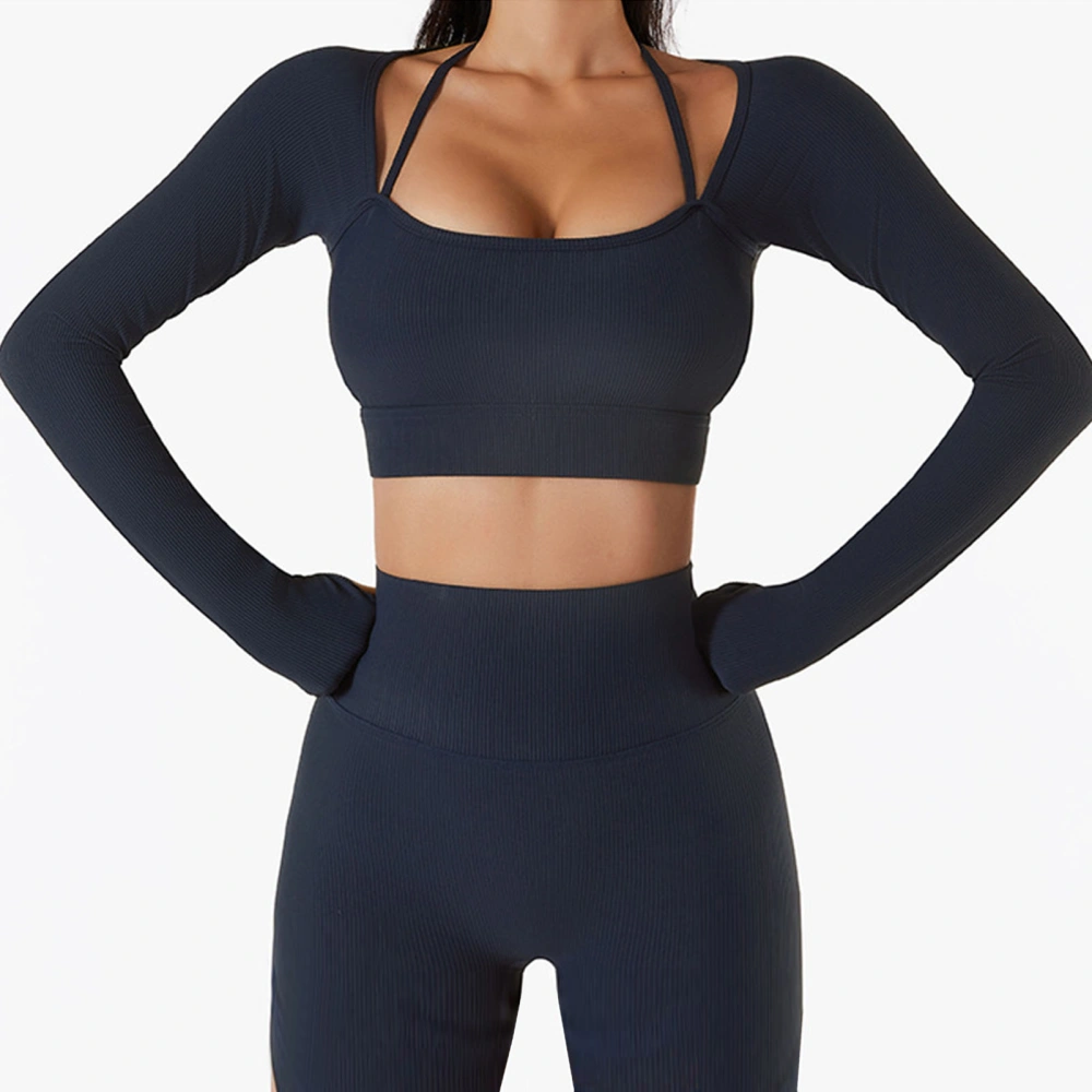 Woman Yoga Top Fitness Crewneck Halter Neck Long Sleeve Thumb Hole Workout Sportswear with Chest Pad Blue M