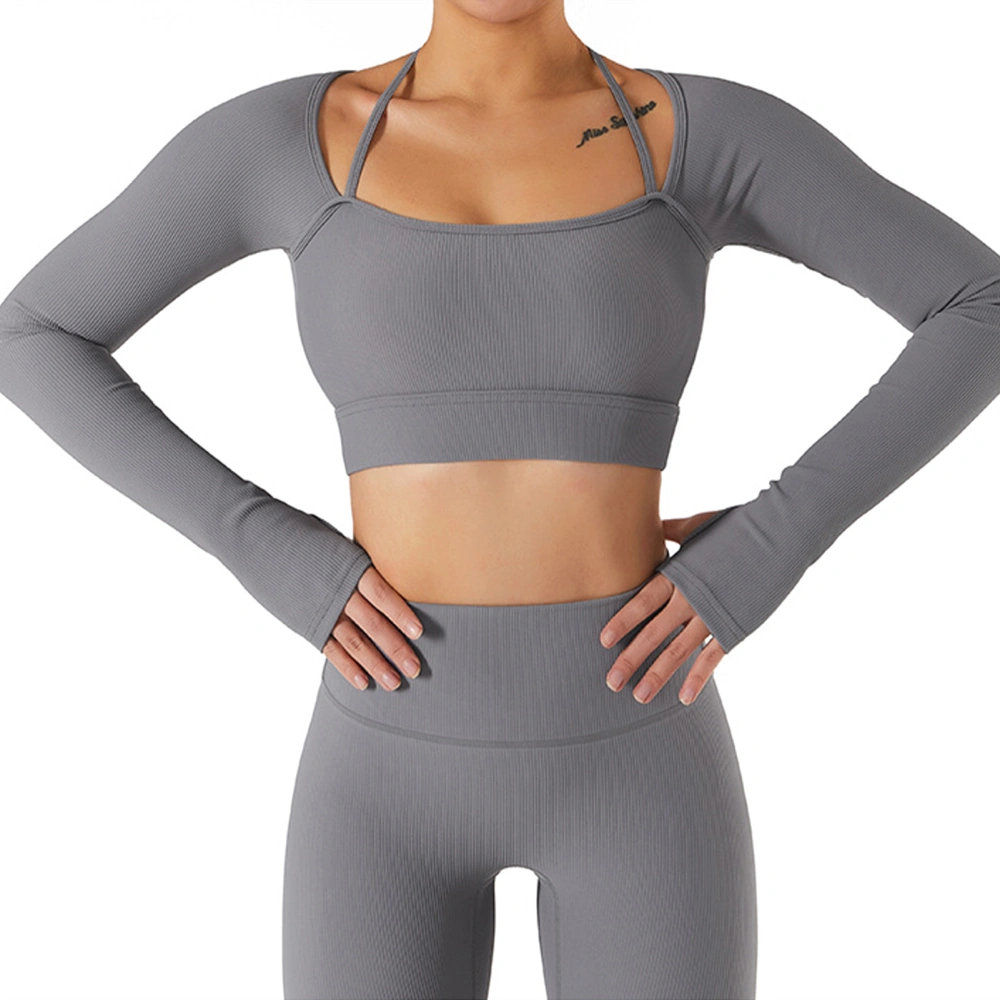 Woman Yoga Top Fitness Crewneck Halter Neck Long Sleeve Thumb Hole Workout Sportswear with Chest Pad Grey M