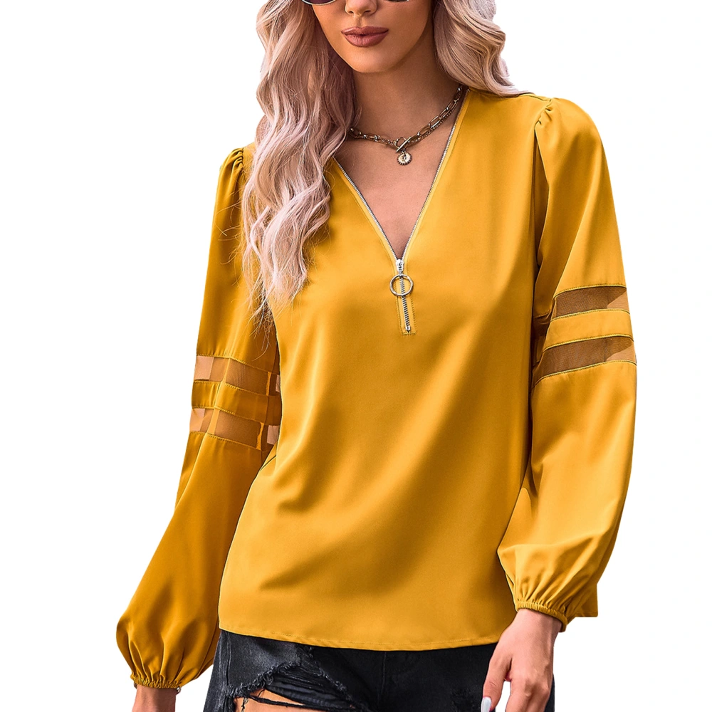 V Neck Pullover Top Hollow Long Sleeve Zipper Closure Design Long Sleeves Pullover Top with Elasticated Cuffs for Dating Ginger S