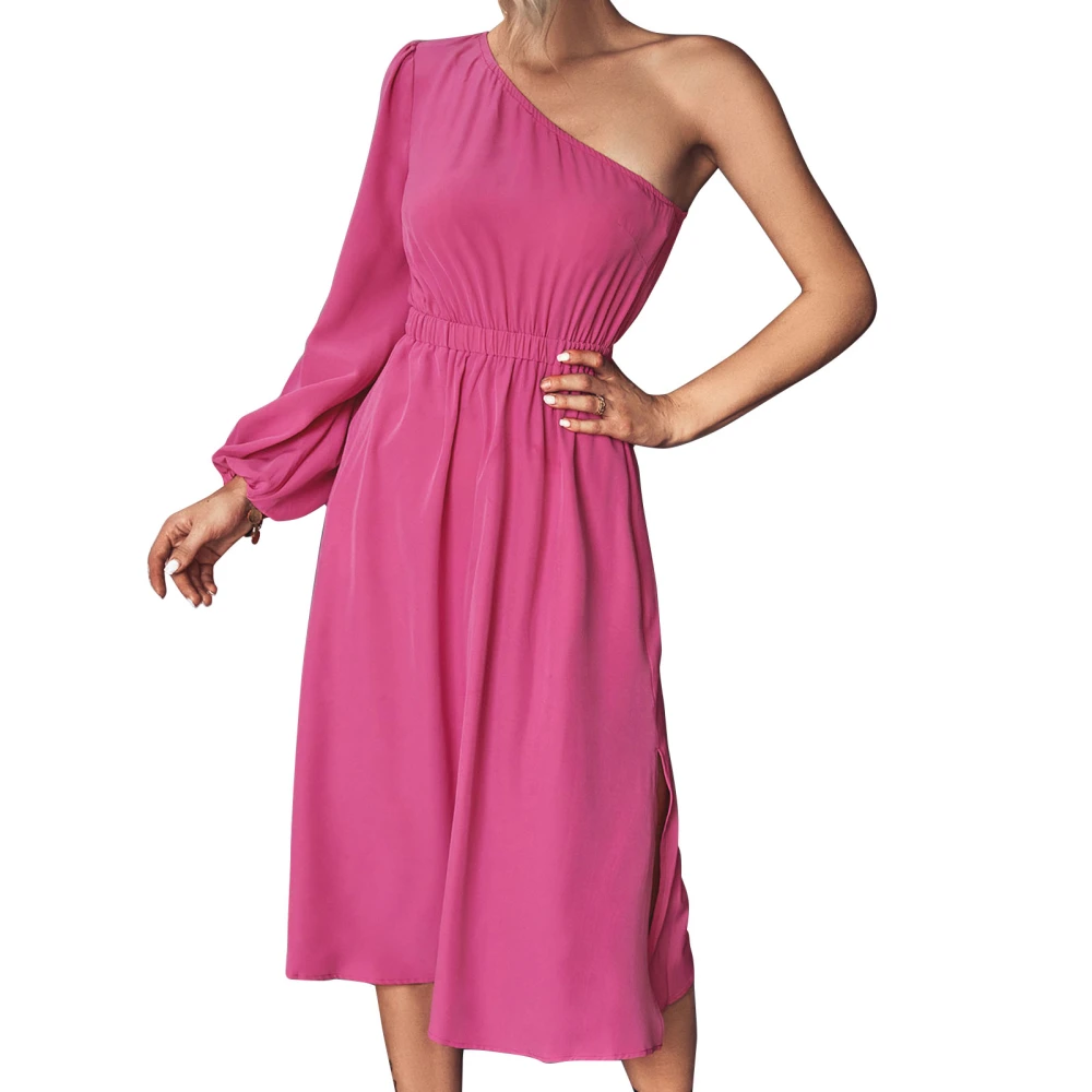 Midi Length Dress One Shoulder Pure Color Long Sleeves High Waist A Line Casual Fit Dress Rose Red XL