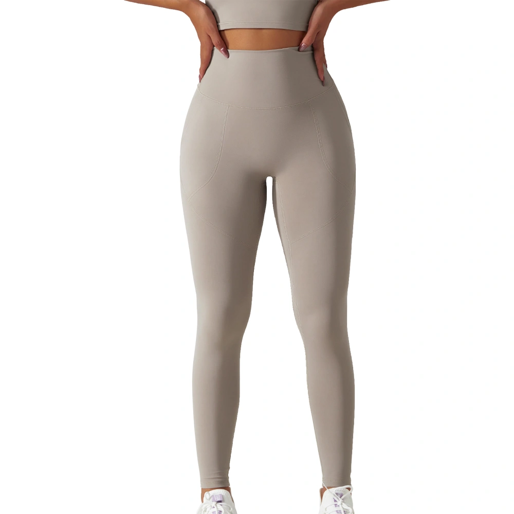 High Waist Yoga Pants Women Stretch Tummy Control Hip Lift Workout Leggings with Pocket for Cycling Running Oat Color L