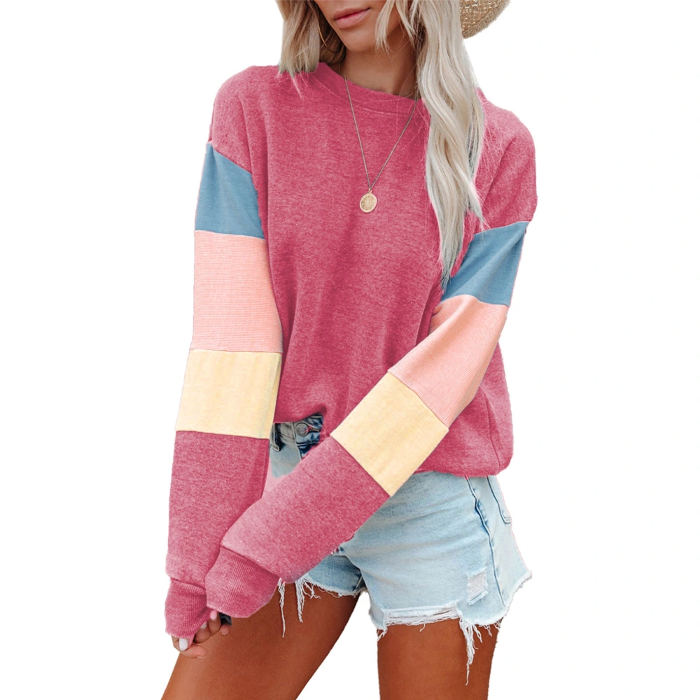 Pullover Sweatshirt Round Neck Long Sleeve Color Blocking Casual Fashionable Tops for Women Red M