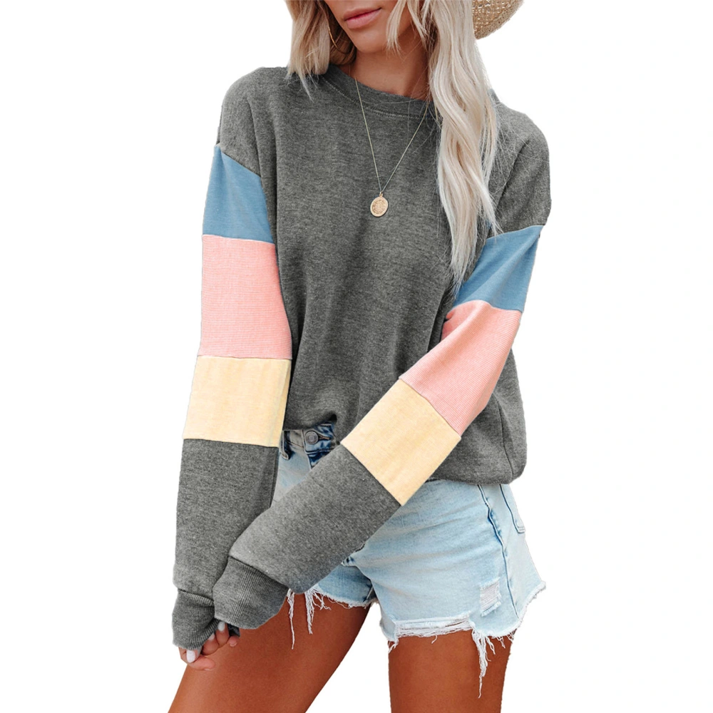 Pullover Sweatshirt Round Neck Long Sleeve Color Blocking Casual Fashionable Tops for Women Grey L